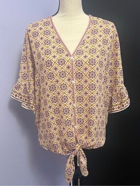 Max Studio Tie-Front Printed Button Top in Yellow